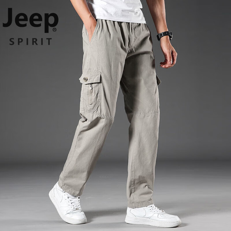 吉普(jeep)春秋季休闲裤男宽松直筒大码长裤松紧腰肥佬运动多口袋耐磨