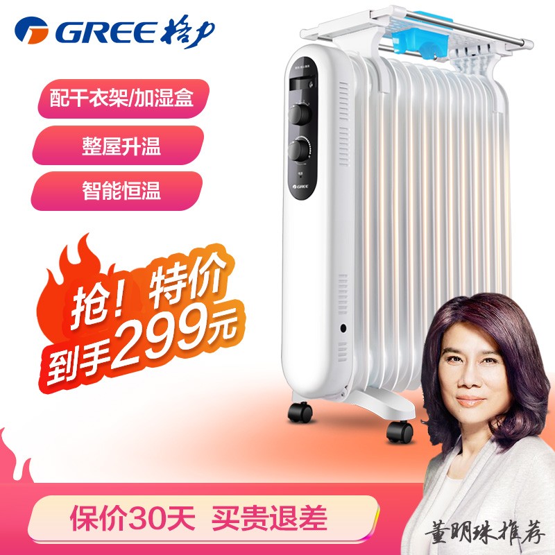 格力（GREE）取暖器电油汀家用电暖器片13片加宽油丁防烫电热暖风机 节能省电干衣加湿电暖气片 NDY19-X6021