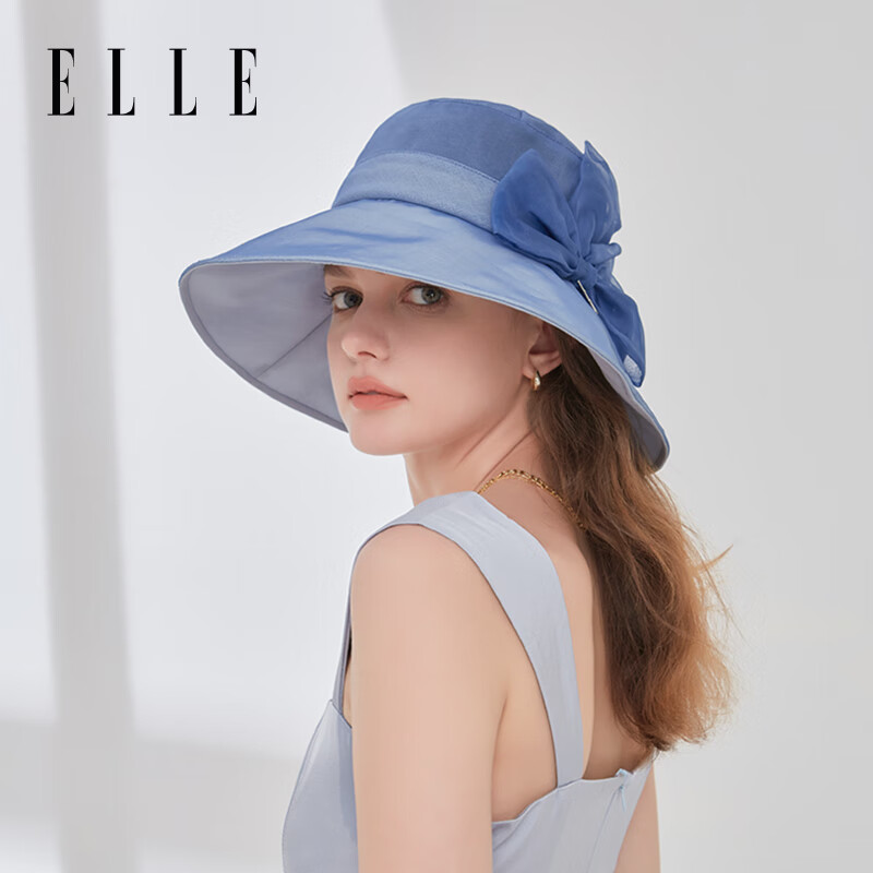 ELLE100%桑蚕丝遮阳帽防晒防紫外线女花饰大檐真丝帽 藏青色