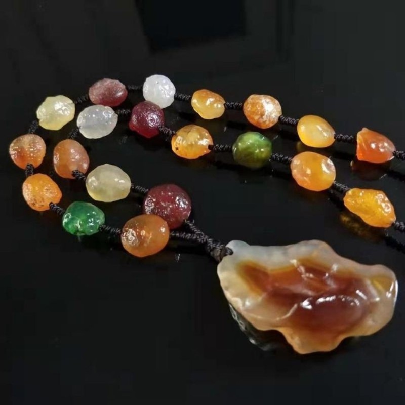 时乾 精品阿拉善原石多彩随形项链玛瑙毛衣链玉石吊坠女长款民族风