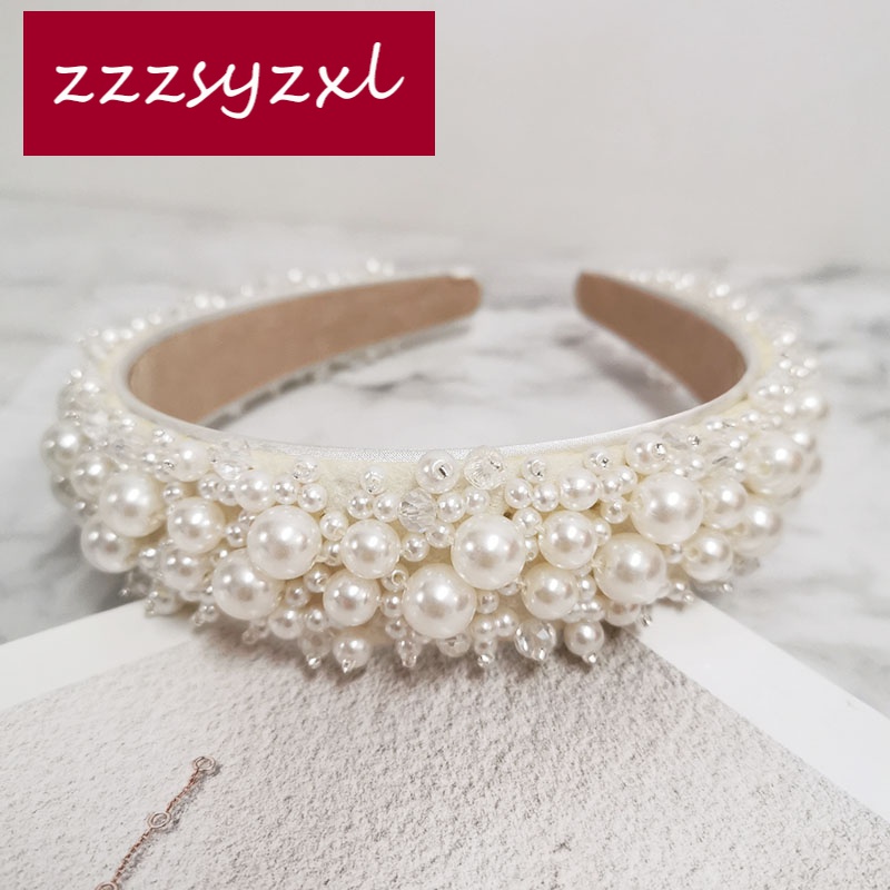 zzzsyzxl 2022法式珍珠发箍宽边头箍手工串珠名媛压发捆发卡网红发带