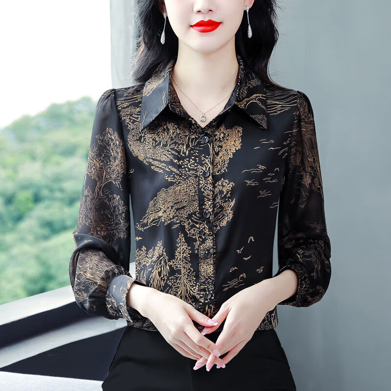 BJORN MOAN印花衬衫女长袖2025春秋减龄春秋款显瘦女士衬衣新款洋气上衣 黑色 4XL 144-160斤