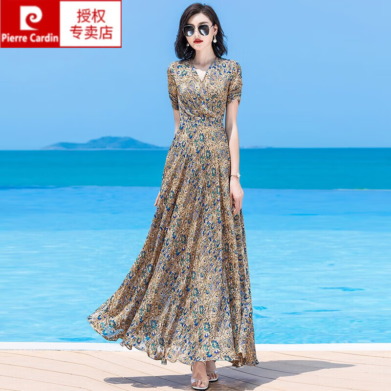 皮尔卡丹(pierre cardin)印花雪纺连衣裙女2024夏季新款收腰显瘦大摆