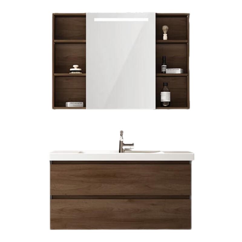 恒潔(HEGII)浴室柜 陶瓷一體盆 新中式大容量分區(qū)儲物衛(wèi)生間美妝洗手盆柜組合 【普通】BC6223胡桃色100cm