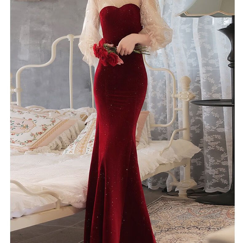 珈岑 小个子订婚礼服冬季敬酒服新娘女秋冬酒红色结婚订婚回门平时可穿出阁宴礼服鱼尾裙 酒红色 M怎么看?