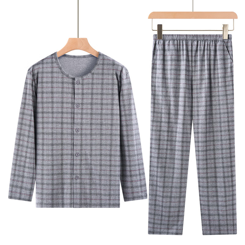 春织（Chunzhi）睡衣睡裤男中老年开衫内衣爸爸汗衫老人家居服套装可外穿 麻灰格套装 4XL 185