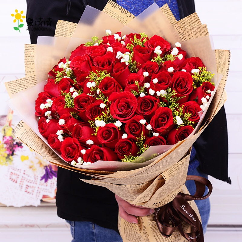 鲜花速递同城上海北京深圳杭州南送99朵红玫瑰花束生日送上门 33朵红玫瑰-报纸款