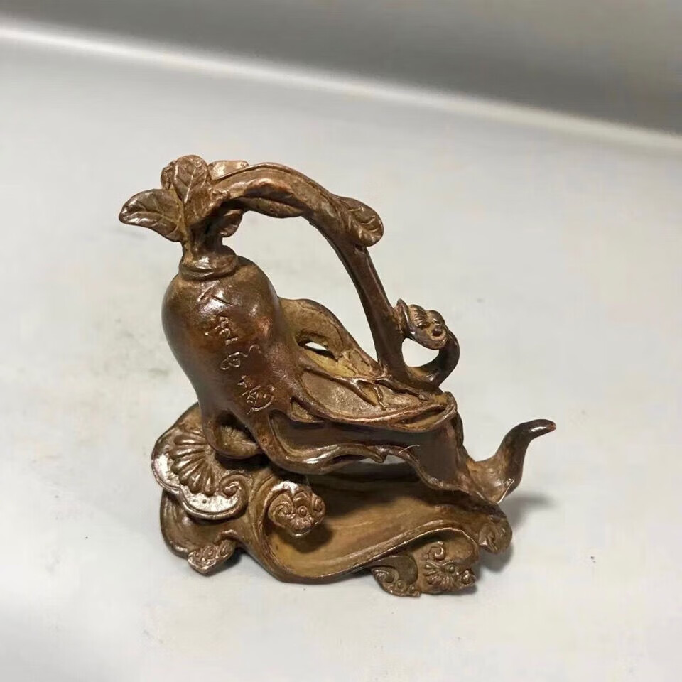 神至實心銅雕人參如意小擺件仿古茶道銅寵古玩銅器銅玩件SN5319