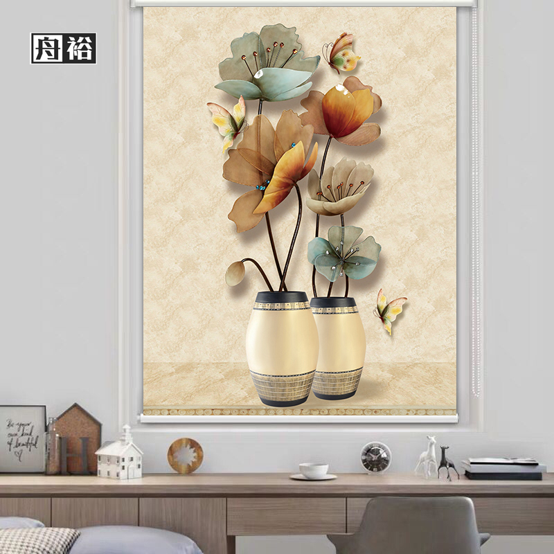 舟裕 免打孔定制卷帘玉兰花卫生间防水防油家用遮光遮阳手拉升降窗帘 花卉07 涨紧式免打孔/平方