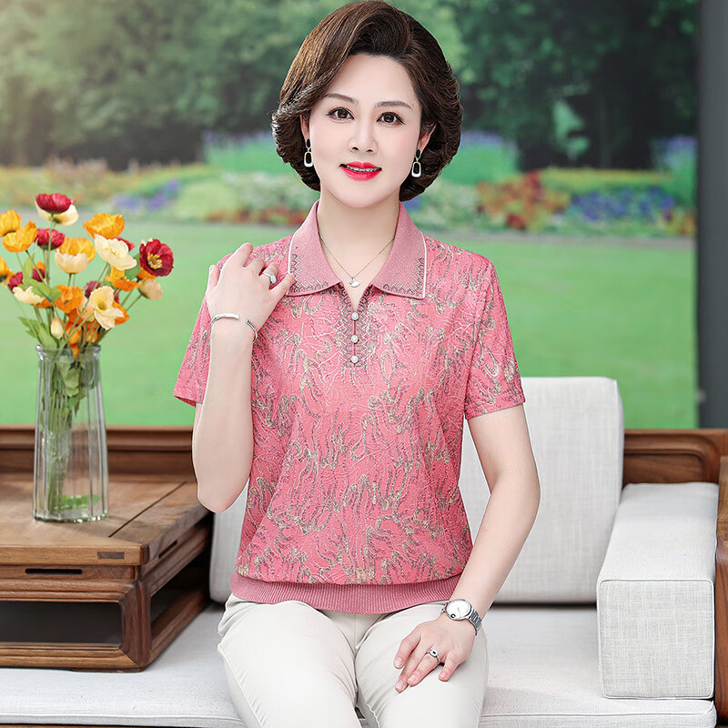 艾诗甜夏天妈妈短袖装夏装新款t恤中年女夏季小衫50岁60中老年人上