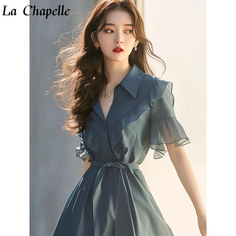 拉夏贝尔（La Chapelle）女装蓝色雪纺衬衫连衣裙女2024年新款法式时尚精致荷叶边收腰裙子 图色 L