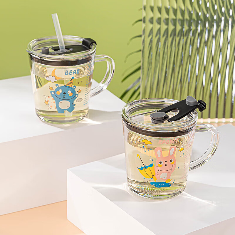 乐唯诗（LOVWISH）玻璃带刻度牛奶杯儿童吸管水杯喝奶杯泡冲奶粉专用大宝宝早餐杯 卡通吸管杯【恐龙】300ml1只