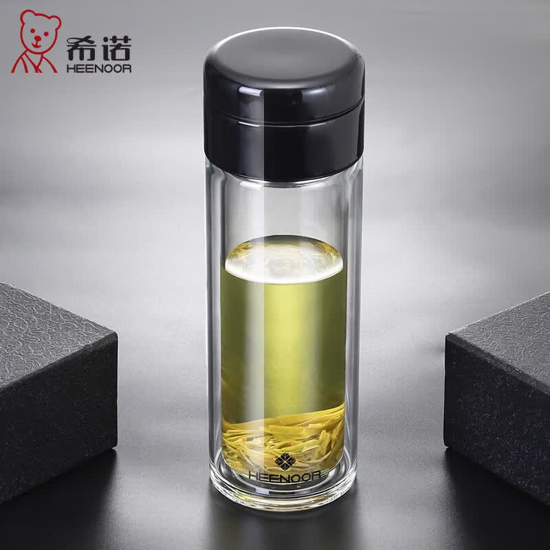 希诺(heenoor)茶水分离玻璃杯男士高档商务办公茶杯带滤网水杯车载隔热防烫杯子 黑色-390ml-茶水分离(N-9373) 礼盒装