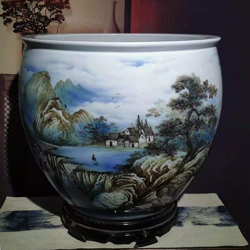 裂均景德镇陶瓷器谢德标手绘新彩山居盆缸家居摆件 高42厘米口径50