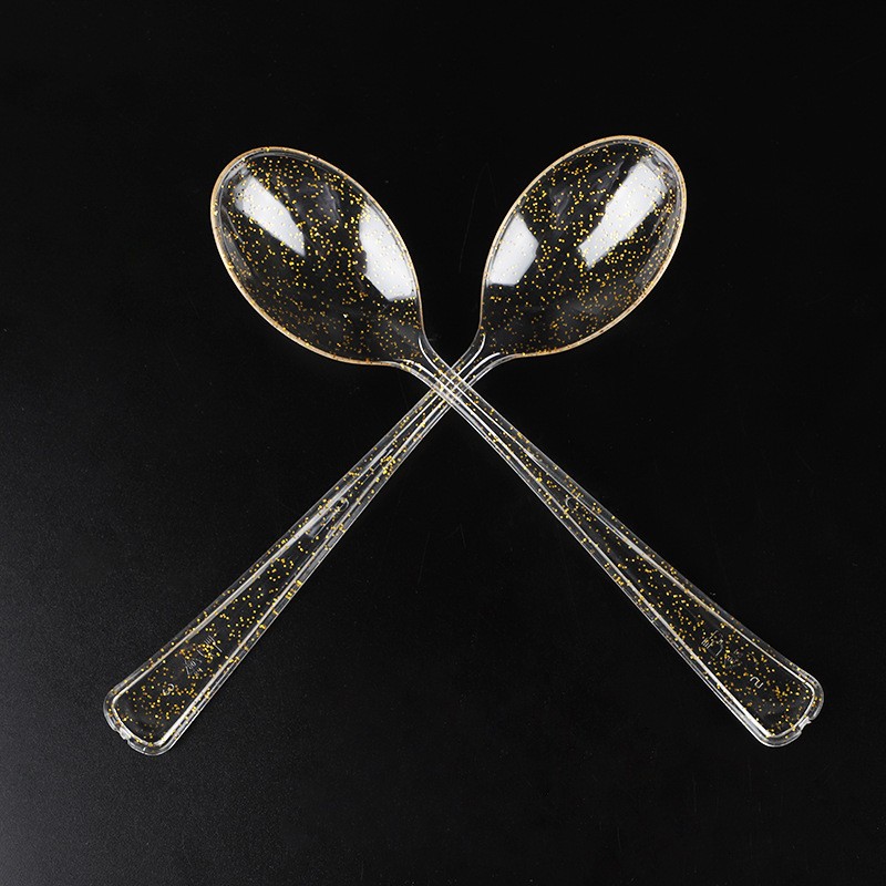 宝驰一次性勺子叉子加厚闪光金长柄塑料刀叉勺汤勺甜品餐叉西餐具餐勺