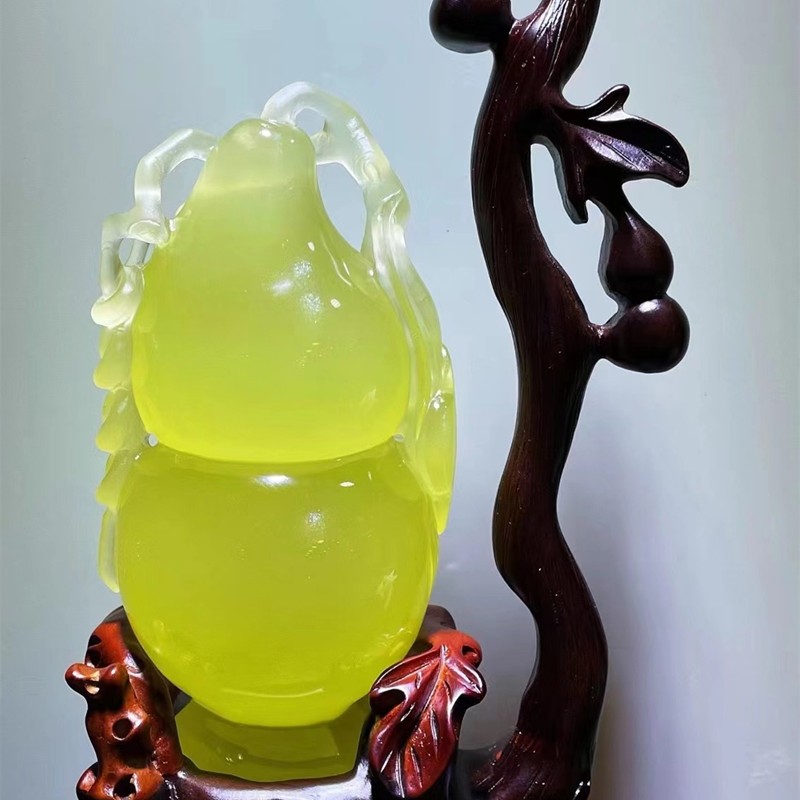 君政收藏款柠檬黄水晶葫芦摆件原石雕刻无优化 镂空雕刻 黄色