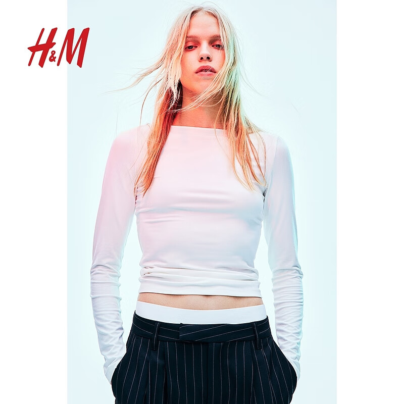 H&M格雷系女装秋季CleanFit简约长袖一字领汗布上衣1209356 奶油色 155/76