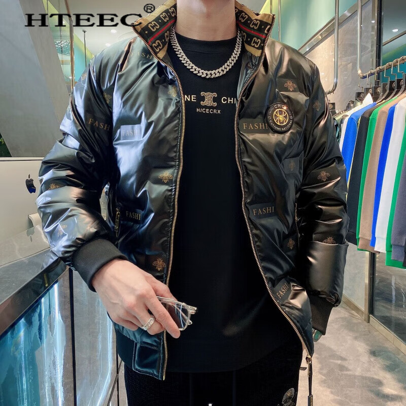hteec香港潮牌轻薄羽绒服男小蜜蜂白鸭绒外套设计感保暖修身潮男韩国