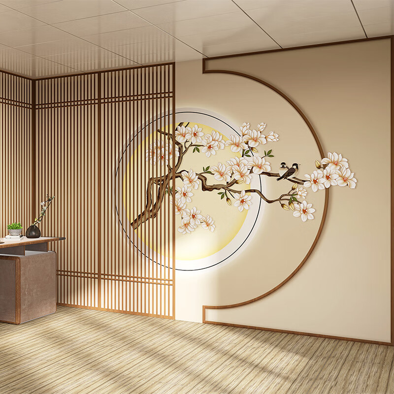 初尚8d古典中式屏风墙纸中国风花鸟客厅餐厅茶室背景墙剧本杀拍照壁纸