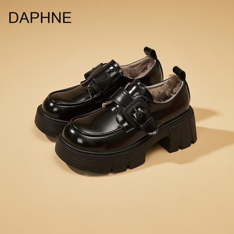 达芙妮加绒乐福鞋厚底百搭2025秋冬新款复古学院jk鞋子女增高黑色小皮鞋 黑色 加绒 38