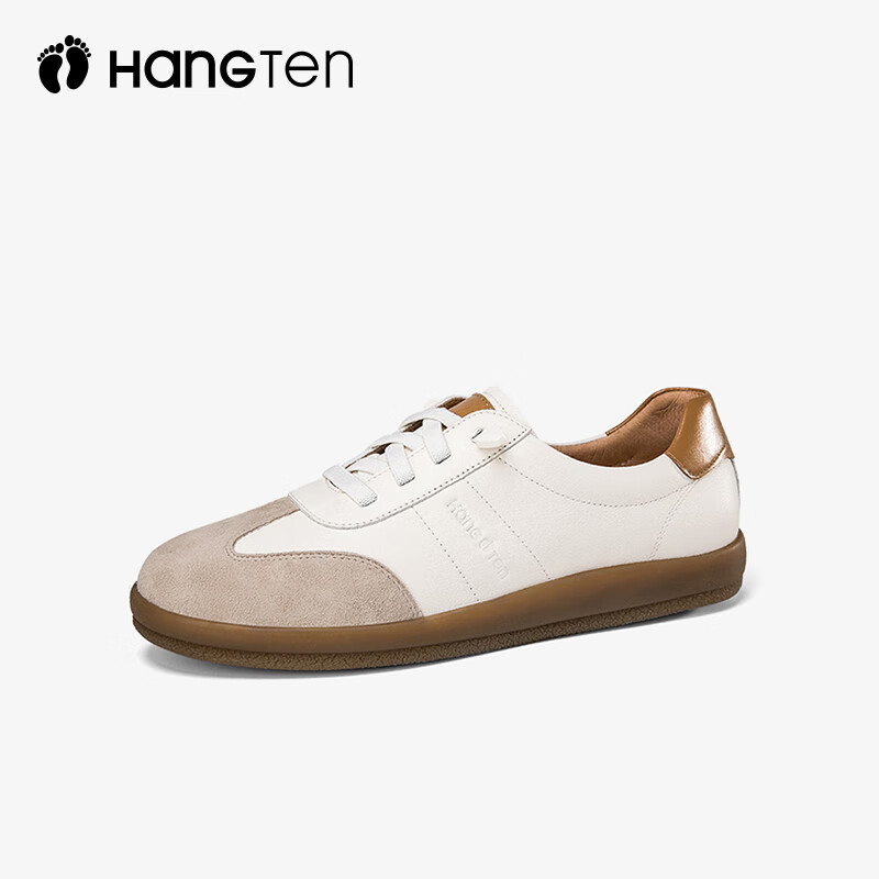 欢腾(HANG TEN)休闲运动鞋女复古潮流时尚百搭板鞋女防滑耐磨平底德训女鞋 米白棕(皮鞋码) 39