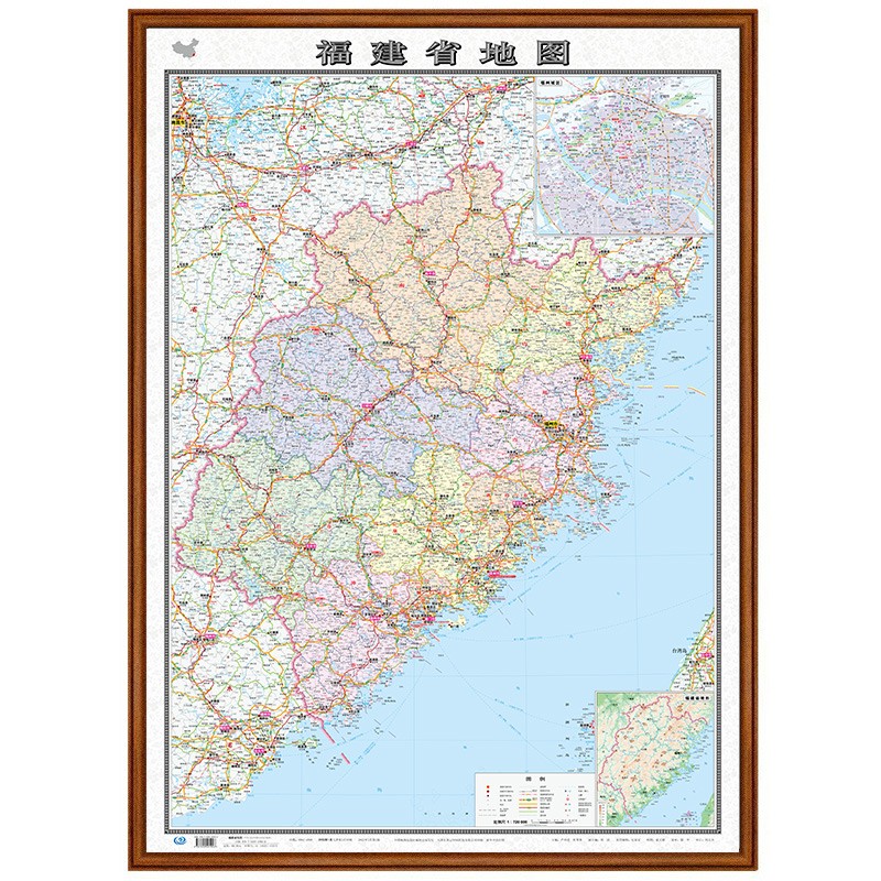 【定制边框】2022年 福建省地图 木框装裱 约1.1米*0.8米 胡桃色边框