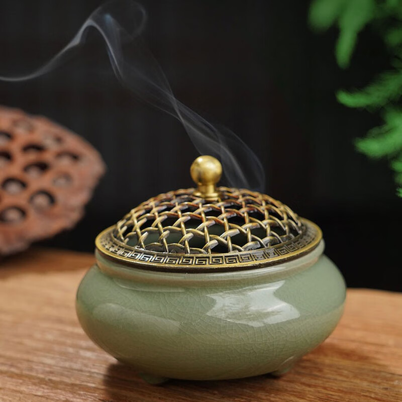 普云 陶瓷盘香炉香薰炉卧室仿古塔香熏香炉沉香檀三足香炉  哥窑豆青冰裂盘香炉（古藤盖）