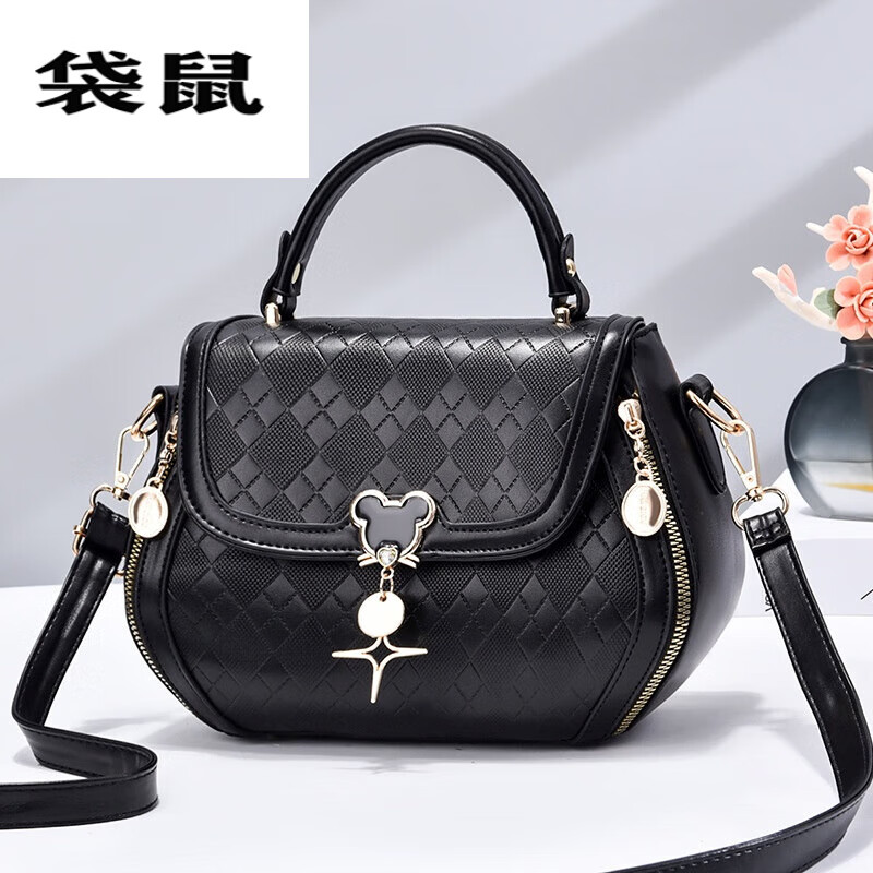 袋鼠【女包】包包女斜挎包潮时尚感大容量手提单肩包 黑色