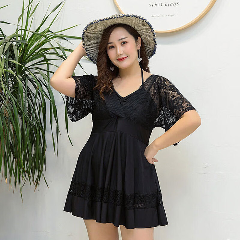 小野七天 大码泳衣女士泡温泉遮肉肚子连体性感显瘦泳装裙式胖妹妹 黑色 均码（110-200斤）