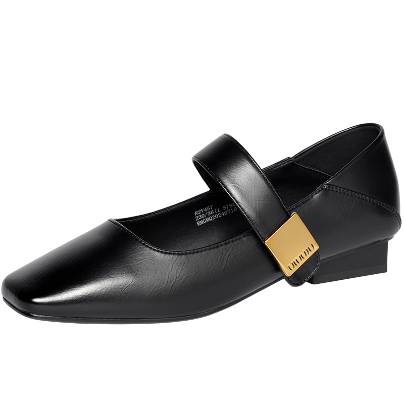 reemoor睿慕一字扣带玛丽珍2025秋冬新款法式小方头浅口单鞋女鞋 黑色 38