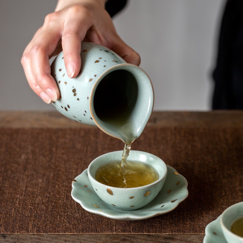 京峰阁 功夫茶具套装 汝窑拍金傲然茶壶茶杯可开片高档轻奢家用送礼盒装 拍金傲然茶壶套装 6人饮 17件