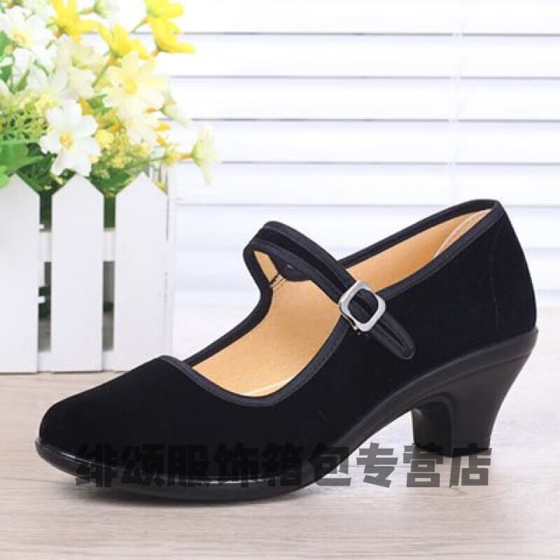 芊恋奾老北京布鞋女广场舞蹈鞋绒面礼仪鞋高跟工作鞋轻底黑平绒鞋3440