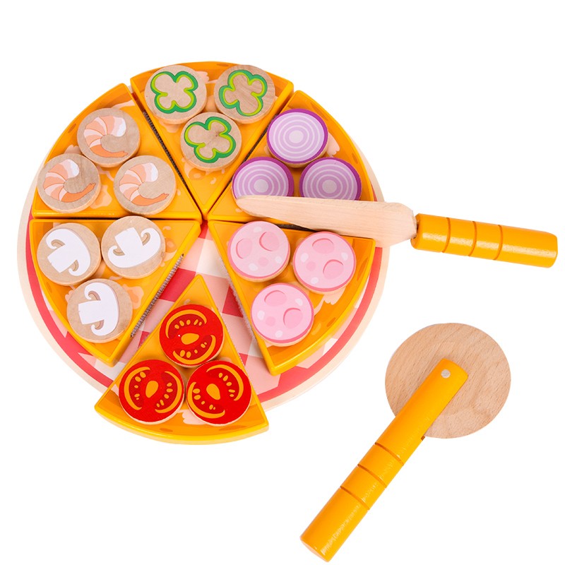 儿童木质过家家玩具组合形状仿真蔬菜香菇披萨切切乐派对 磁性披萨切切乐