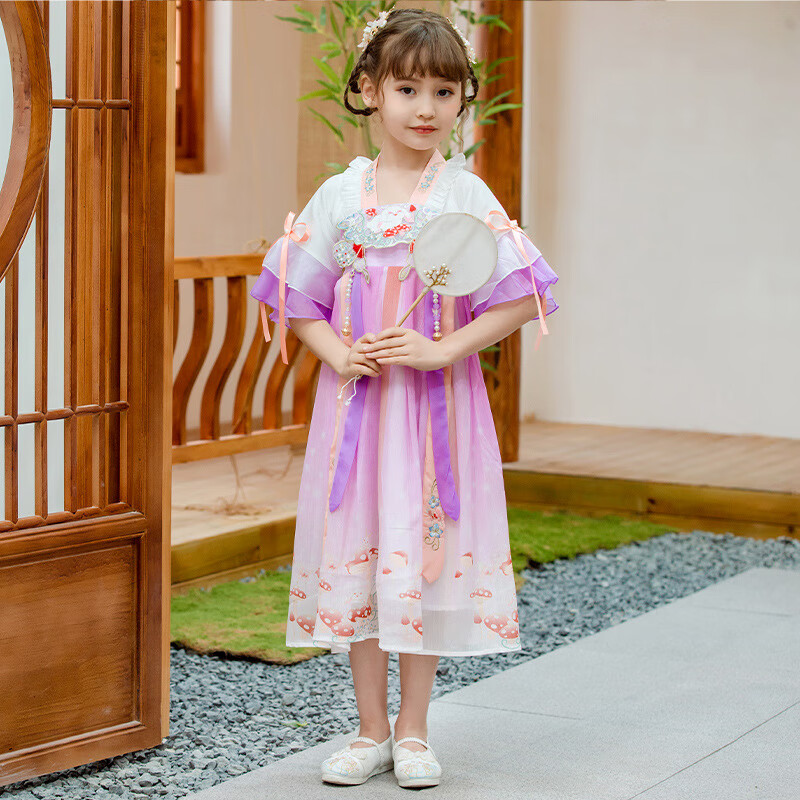 2024夏季新款襦裙款刺绣儿童唐装超仙宝宝短袖连衣裙批发 紫色汉服裙