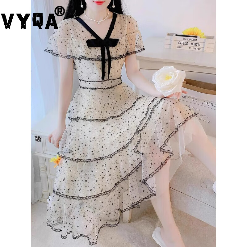 VYQA高端品牌 雪纺连衣裙女 夏季新款收腰显瘦气质小个子短袖蛋糕裙 杏色 M(建议90-100斤)