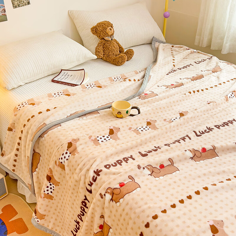 九洲鹿法兰绒毛毯加厚冬季珊瑚绒午睡毯办公室盖毯绒毯沙发毯子 爱心狗 100X150CM