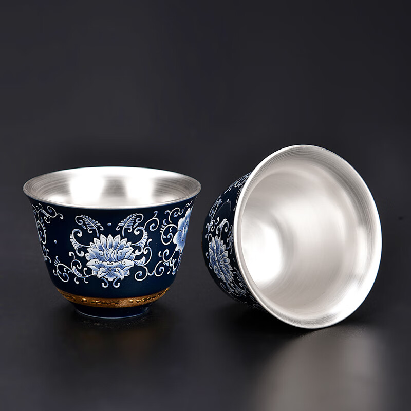 山头林村景泰蓝喝茶杯 银杯子景泰蓝茶杯茶盏碗主人杯功夫茶具银杯子