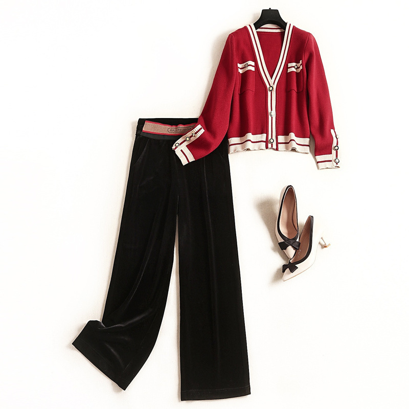 LVENZSE针织套装秋冬女装2021新款时尚洋气两件套坠感金丝绒阔腿裤套装 红+黑色 M