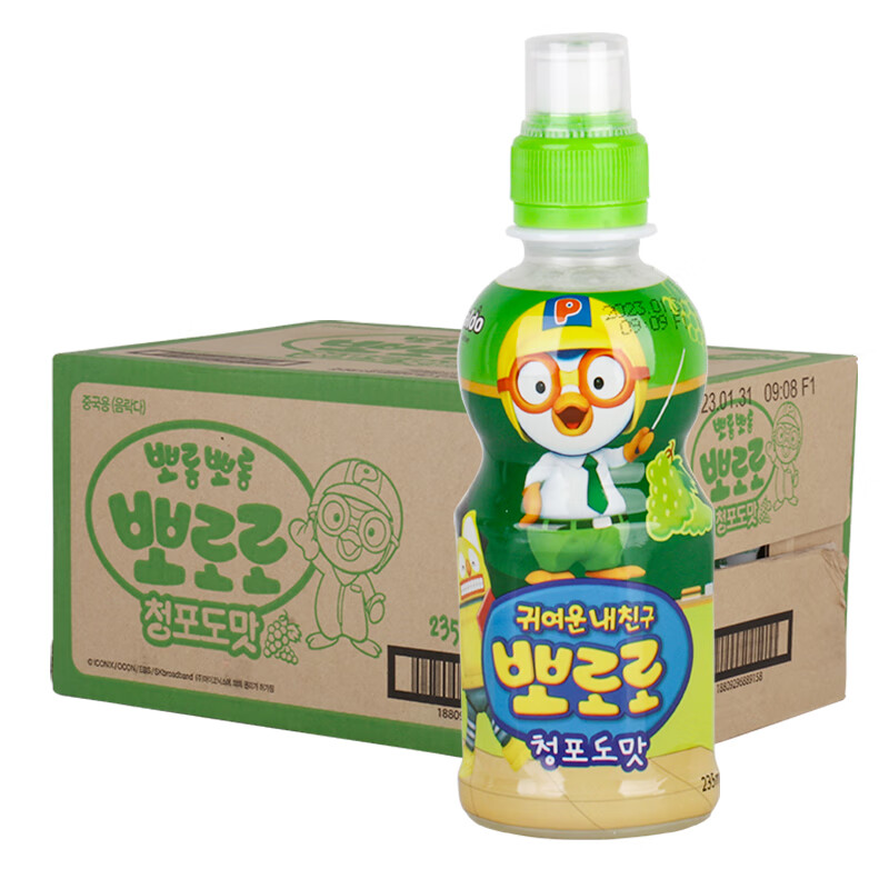 啵乐乐(pororo)儿童饮料 韩国进口果汁饮品 235ml 24瓶 1箱 青葡萄
