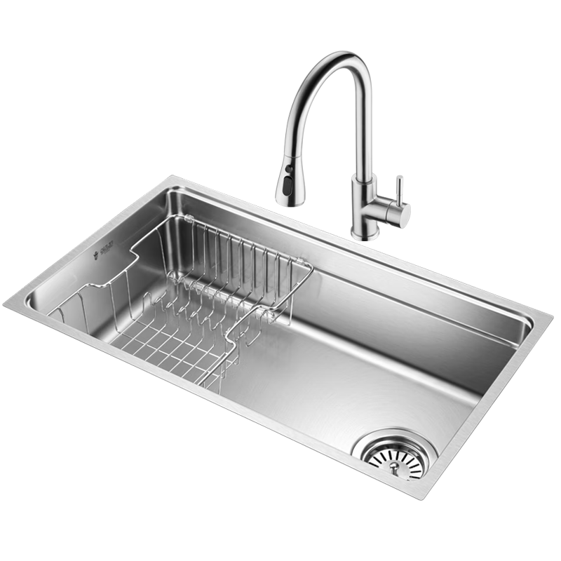 欧琳 OULIN 不锈钢水槽单槽 厨房洗菜盆单槽 台下盆配精铜抽拉龙头OLWGV9102