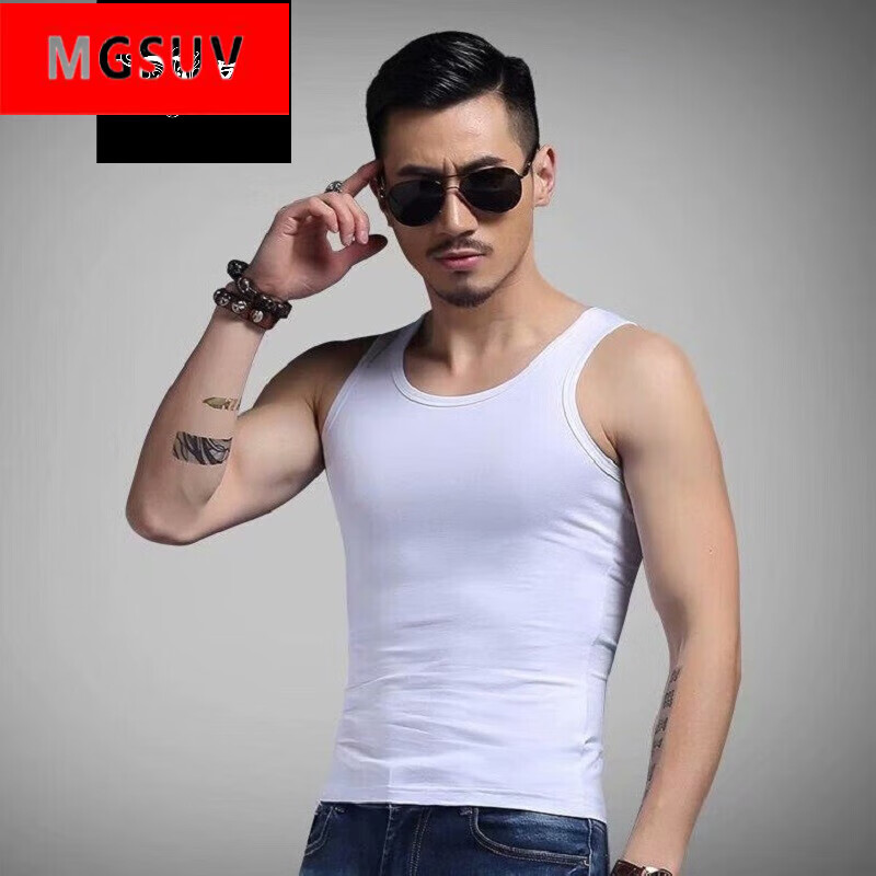 skgoldy小背心 圆领男士纯色夏季冰丝透气运动紧身无袖坎肩健身 白色