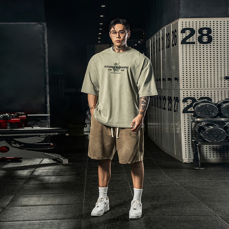 鹿家门夏季新款四大神兽2.0运动T恤男健身肌肉训练服大码宽松短袖 红色 2XL （推荐180-220斤）