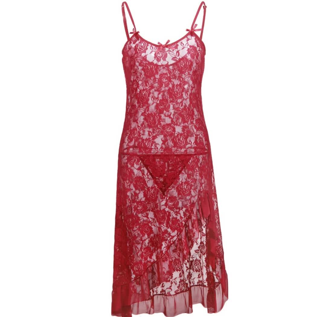 欧美情趣内衣外贸性感睡衣吊带透明蕾丝大摆睡裙长裙纯欲衣服 [红色]