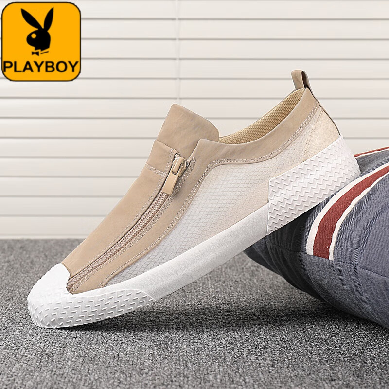花花公子(playboy)男鞋38码透明板鞋透气一脚蹬帆布鞋夏季懒人开车