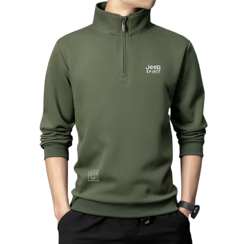 JEEP SPIRIT品質(zhì)純棉長袖衛(wèi)衣男士春秋季休閑立領(lǐng)外套寬松半拉鏈套頭上衣 JEEP-B015-8888-軍綠 M