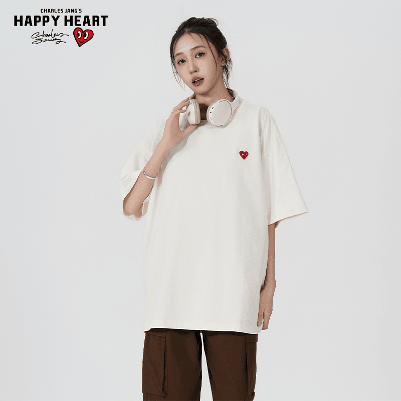 查尔斯桃心短袖t恤男260G重磅夏季潮流刺绣圆领上衣青少年宽松纯棉短t 粉色 2XL