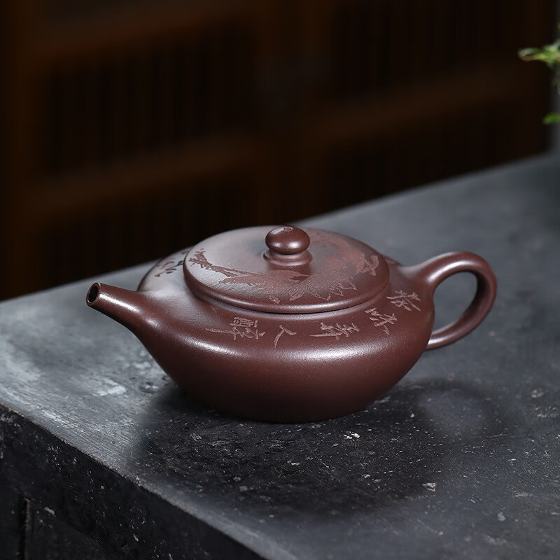 桌匠铸紫砂壶宜兴全纯手工茶壶百目紫泥刻绘梅花扁晨壶功夫茶具 百目