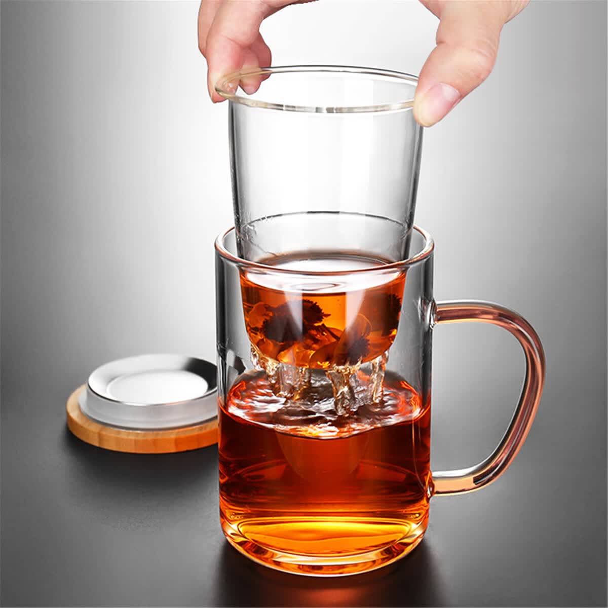 八玺（BAXI）耐热玻璃杯茶水分离办公室茶杯家用带茶滤水杯泡茶杯子可加热茶具 养心杯（三件套） 450ml 1只 简约茶水分离办公室玻璃杯