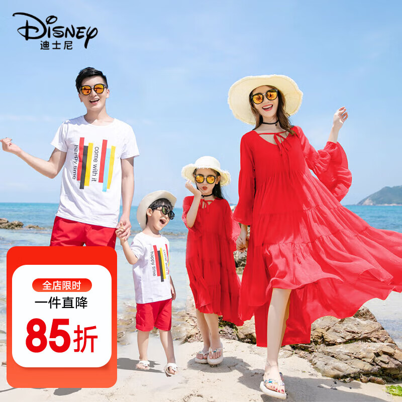 迪士尼亲子装裙裤夏季一家三口四口海边度假拍照宽松沙滩连衣裙全家套装 红色 爸爸XXXL码