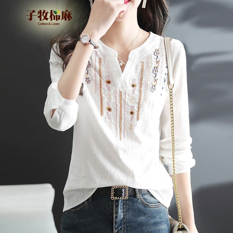 子牧棉麻春秋 女时尚休闲刺绣民族风长袖百搭小V领衬衫上衣0139 白色 S (建议95斤以内)